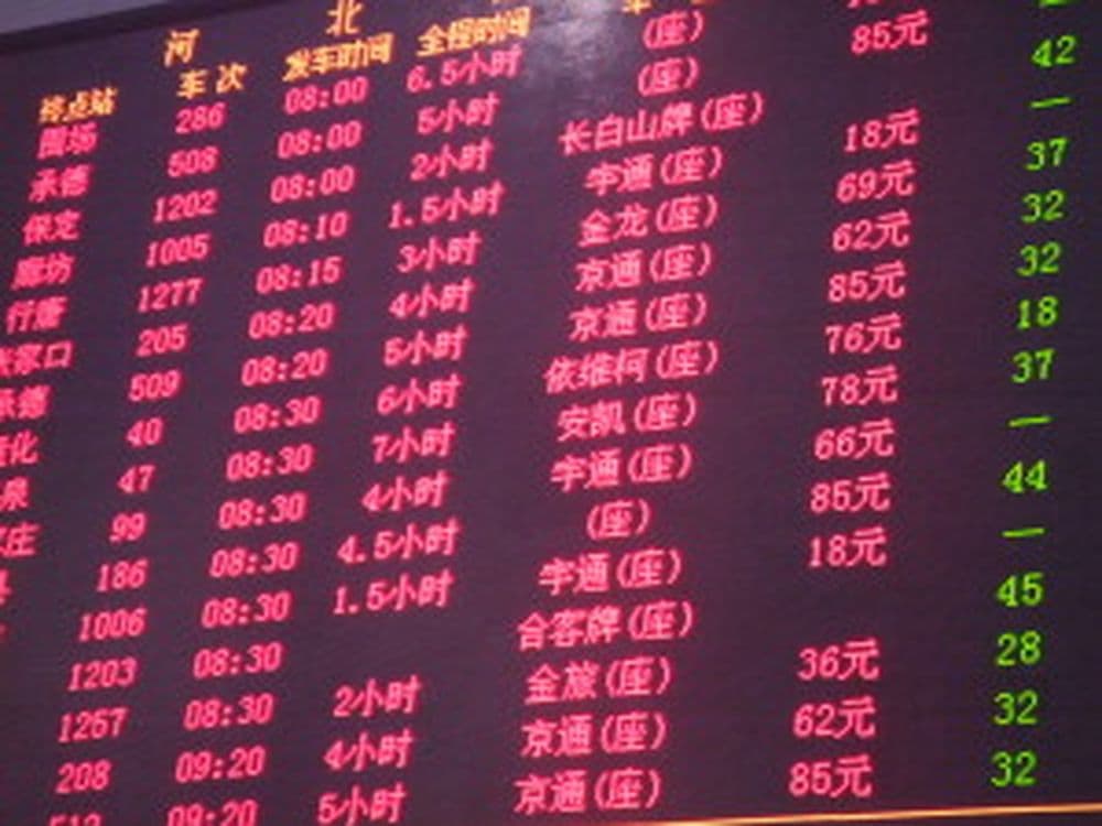 Anzeigetafel im Busbahnhof Liuliqiao in Peking