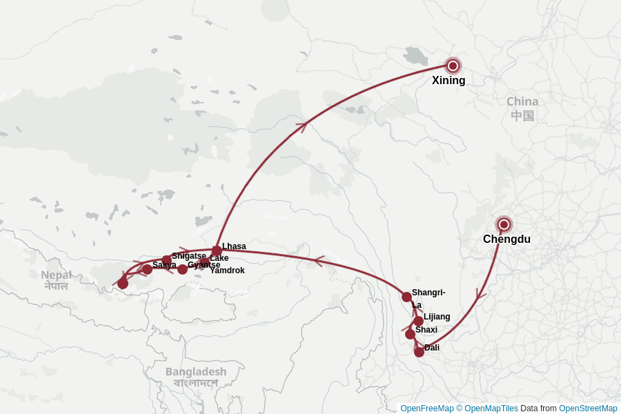 Itinerary Map image for Tibet und Yunnan