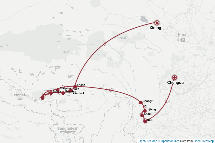 Itinerary Map image for Tibet und Yunnan